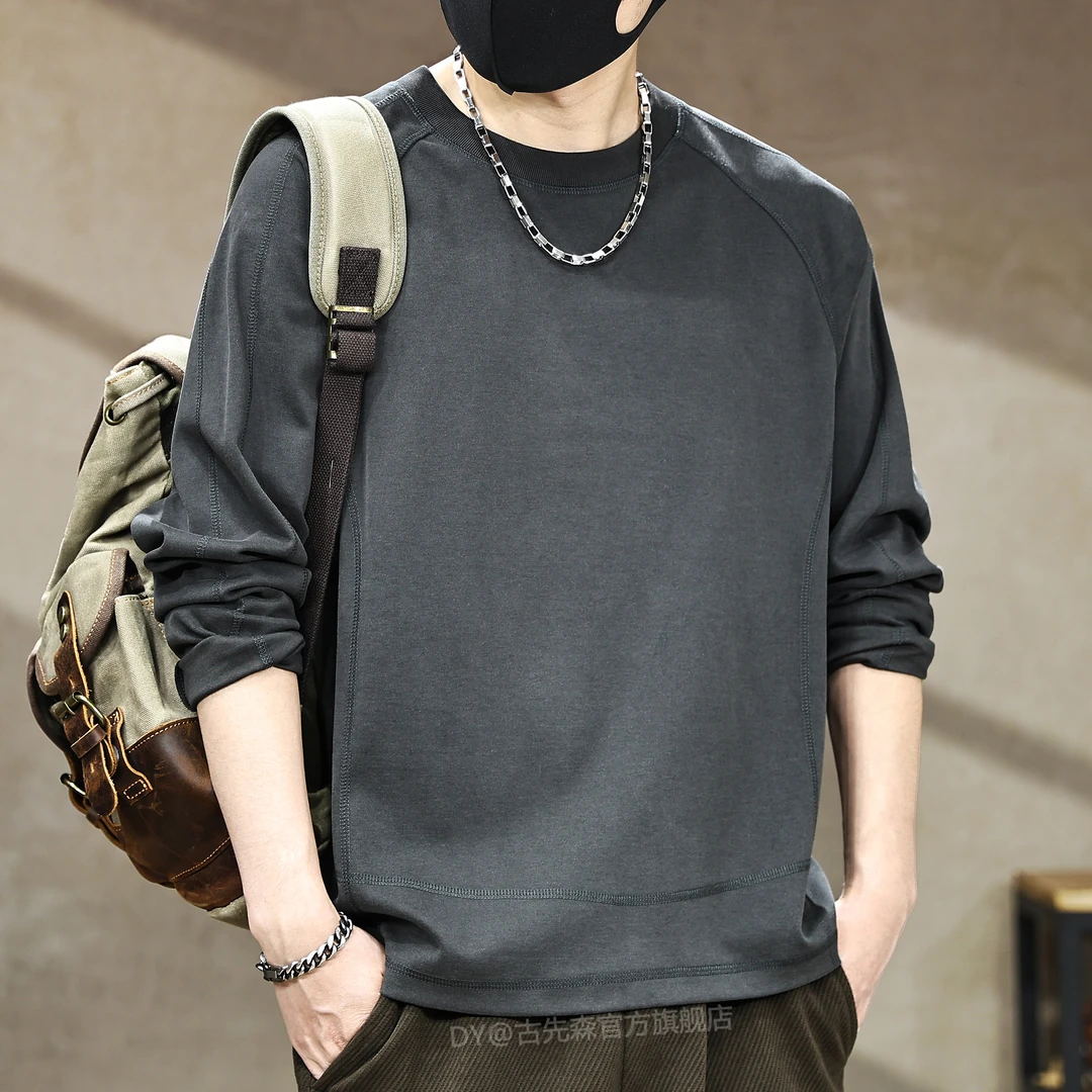 高端科技保暖重磅310g长袖T恤男秋季新款纯色简约拼接宽松体恤衫T