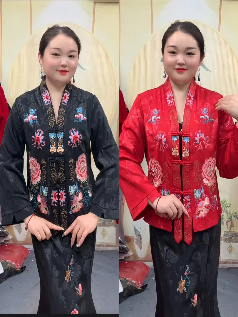 【爱漂亮】春季中式盘扣民族风绣花大码妈妈装短款时尚8075款复古