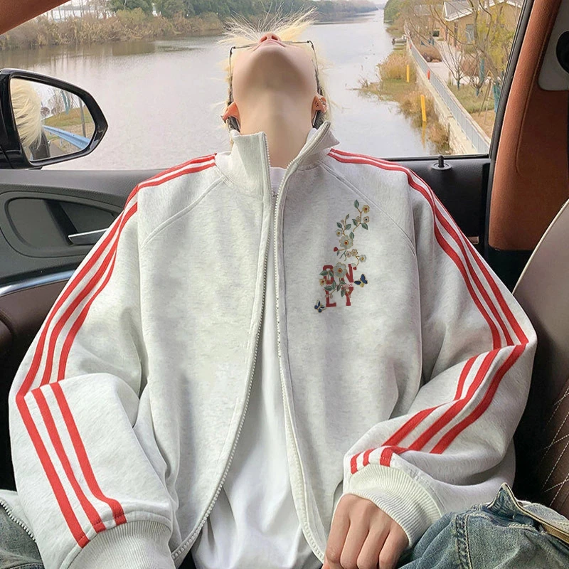 潮流简约花卉印花三条杠开衫拉链卫衣休闲百搭秋冬立领情侣外套