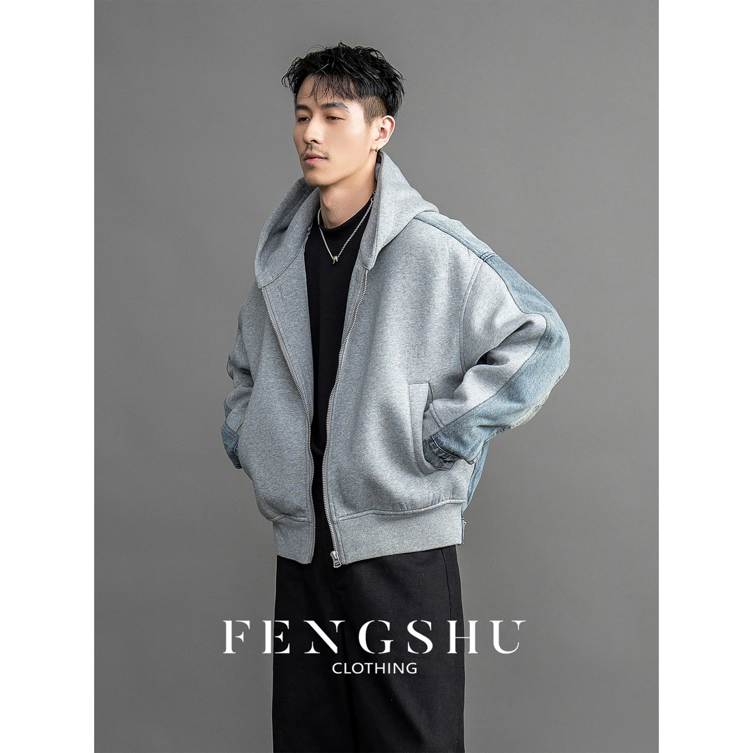 FENGSHU「可拆卸设计 」90白鸭绒牛仔拼接连帽羽绒服男保暖两穿外套