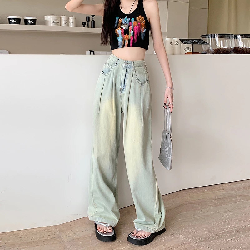 高腰垂感阔腿牛仔裤女2025春夏新款小众褶皱宽松显瘦百搭拖地裤子