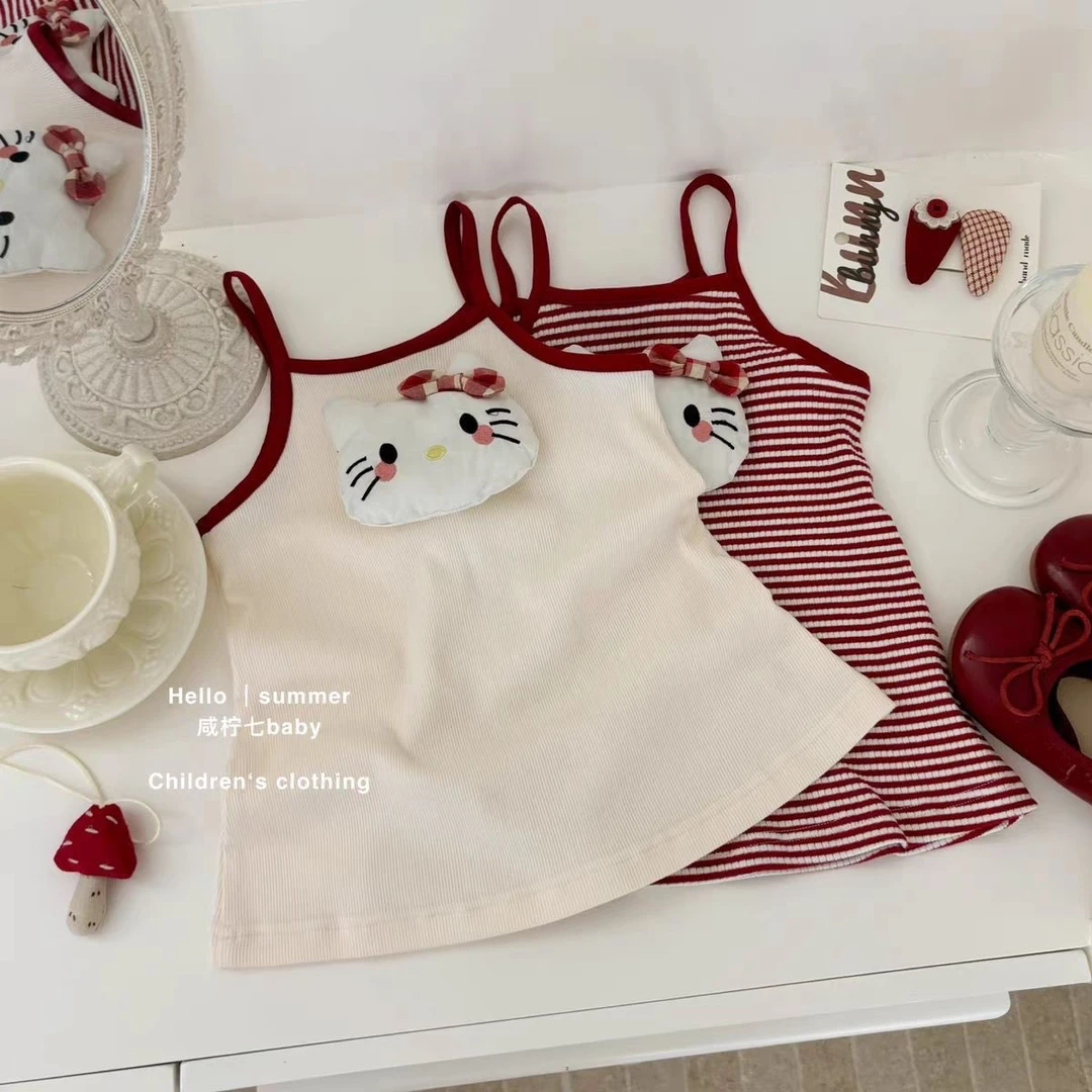 2025夏季新款女宝宝吊带裙女童可爱KT猫背心裙卡通吊带公主连衣裙