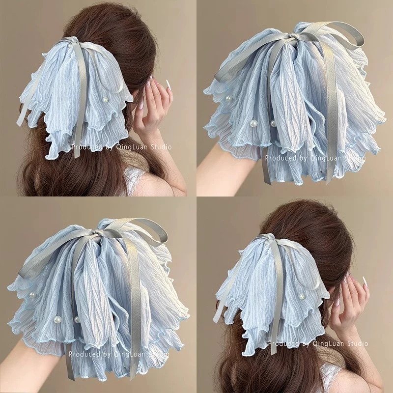 温柔冰蓝色蝴蝶结抓夹女高级感飘带马尾半扎发鲨鱼夹发卡超仙发饰