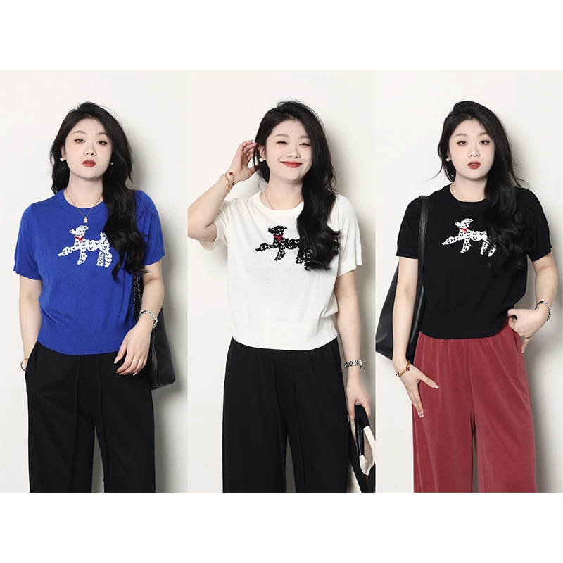 QC宣宣【搞怪小狗】微胖大码女夏气质百搭法式复古针织衫ZY405J13