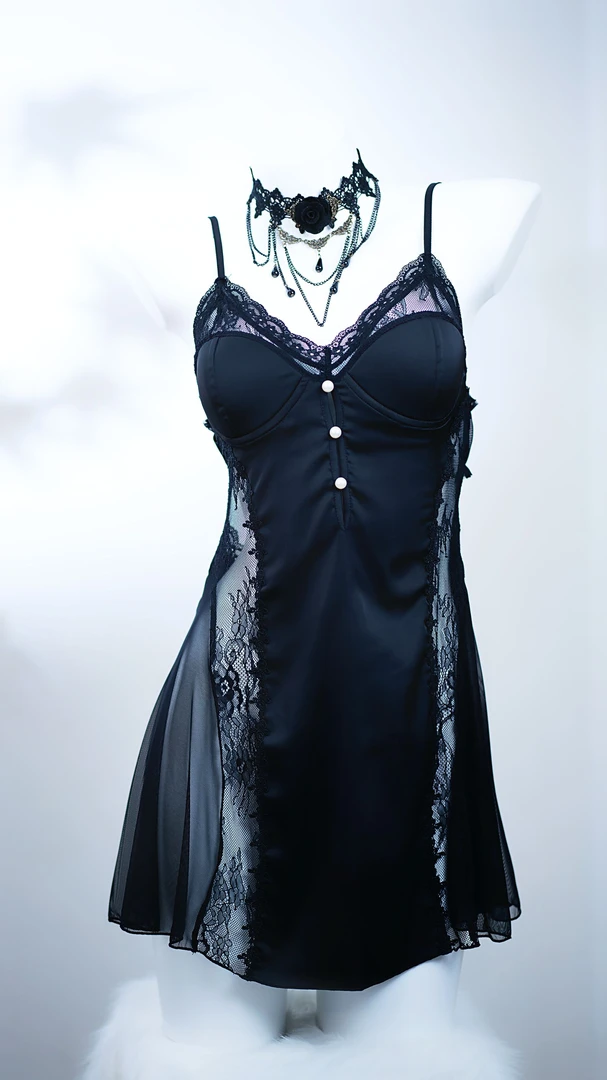 雅致纯欲风「80斤-200斤」·大码甜美顺滑缎面性感加胸垫睡裙蕾丝