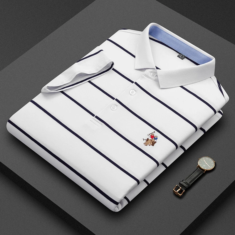 2025夏季新款男士潮流短袖t恤男商务休闲POLO衫百搭翻领条纹体恤