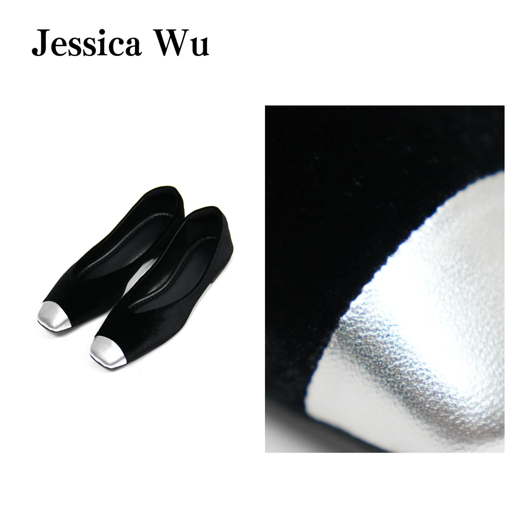 JESSICA WU小香风~韩国进口醋酸丝绒及贴膜羊皮拼色显脚瘦单鞋