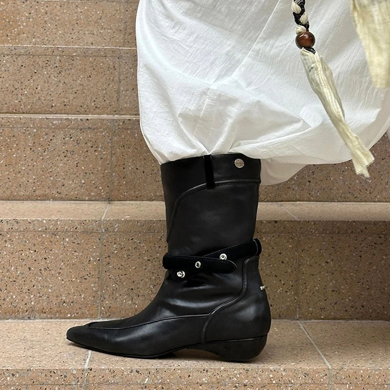 牛皮版！复古西部牛仔靴时尚百搭尖头显瘦皮带扣内增高中筒骑士靴