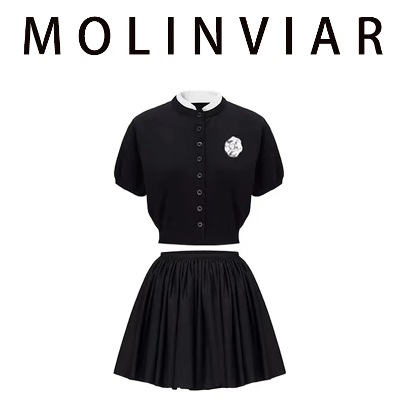 2025年夏季新款高级感气质修身显瘦上衣小香风黑色针织短袖T恤女