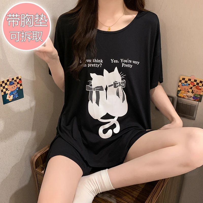 带胸垫大码莫代尔睡衣女夏季薄款透气胖mm加大加肥220斤家居服