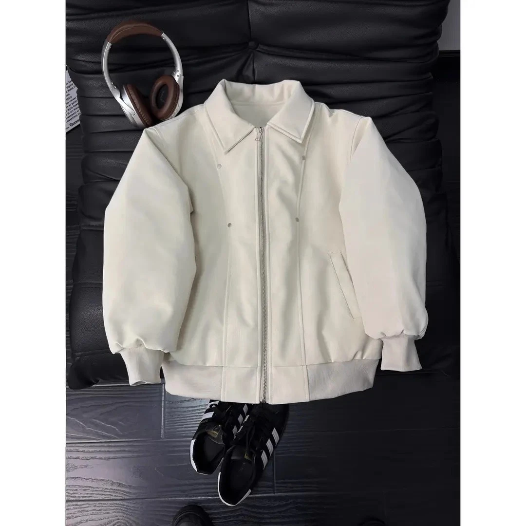 米白色短款加棉皮衣棉服男冬季美式飞行夹克外套高街痞帅机车棉衣