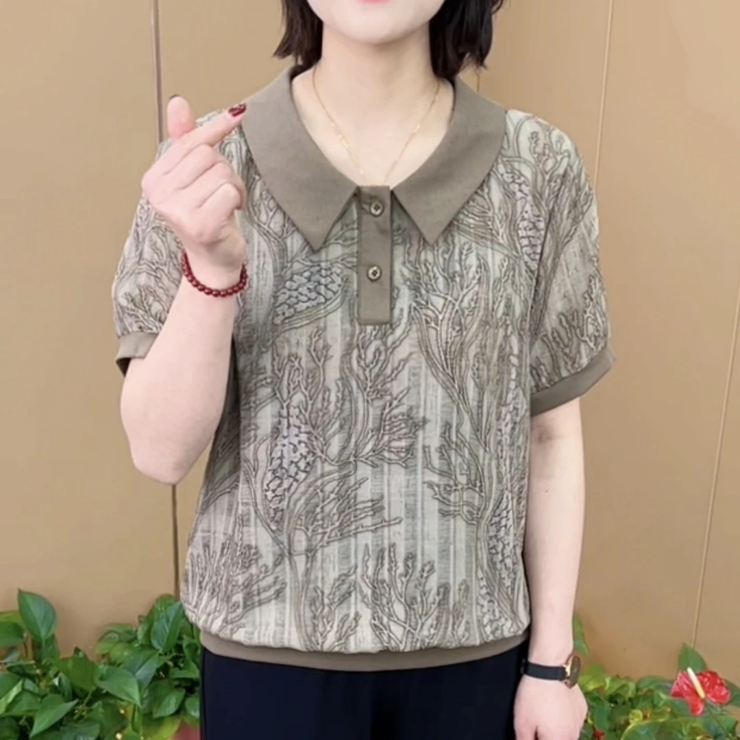 夏季新款精致翻领提花设计气质妈妈装休闲显瘦百搭短袖上衣K6360