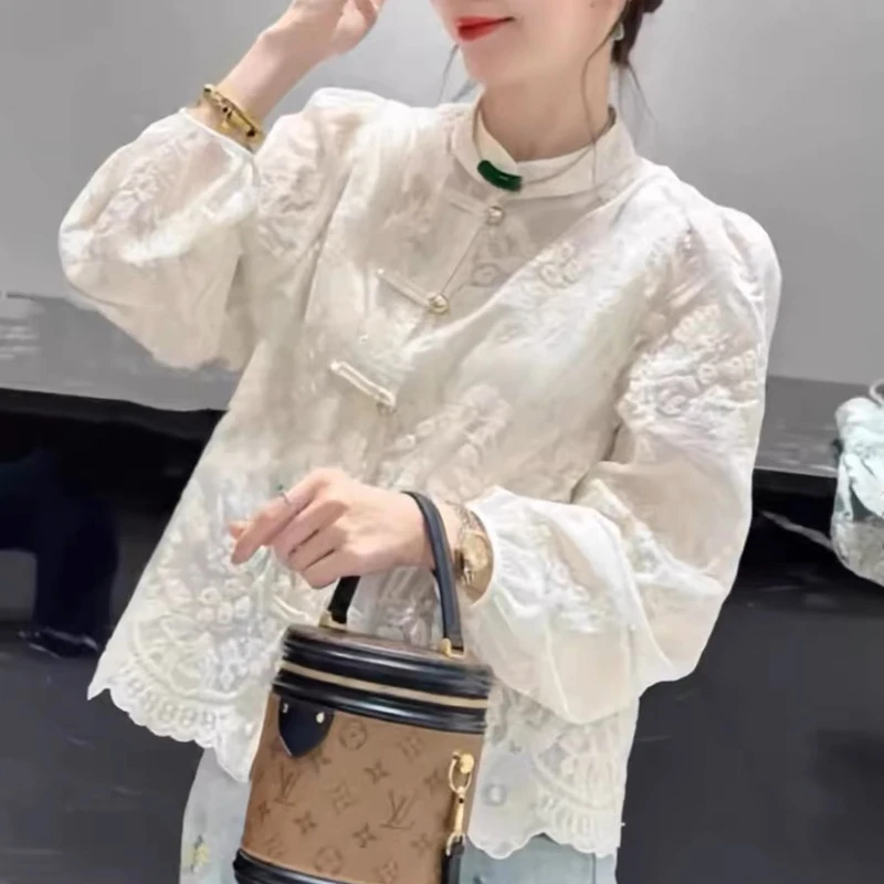 2025新款新中式国风衬衫上衣早秋新品时尚轻奢高级感蕾丝衫 2219