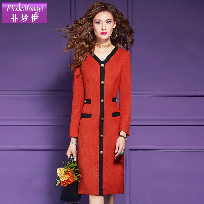 菲梦伊新款时尚名媛连衣裙女冬季高端优雅加厚收腰包臀裙子61649