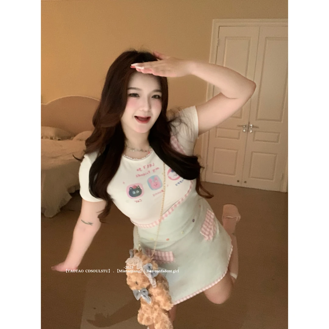 SWEET【夏日青提】微胖甜美元气少女夏日多巴胺单肩背带裙套装