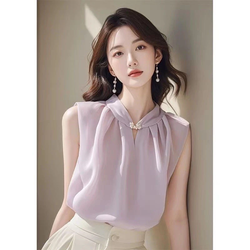 今年流行漂亮独特洋气高端别致小众绝美雪纺衬衫紫色无袖上衣女夏