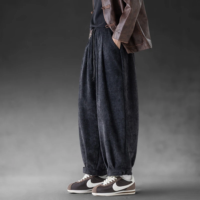 复古风 雪尼尔宽松哈伦裤男 国潮 盘扣休闲裤 秋冬 阔腿灯笼长裤