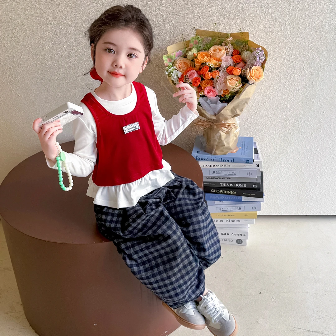 女童秋季洋气时尚儿童2025新款女宝宝韩系舒适马甲格子裤休闲套装