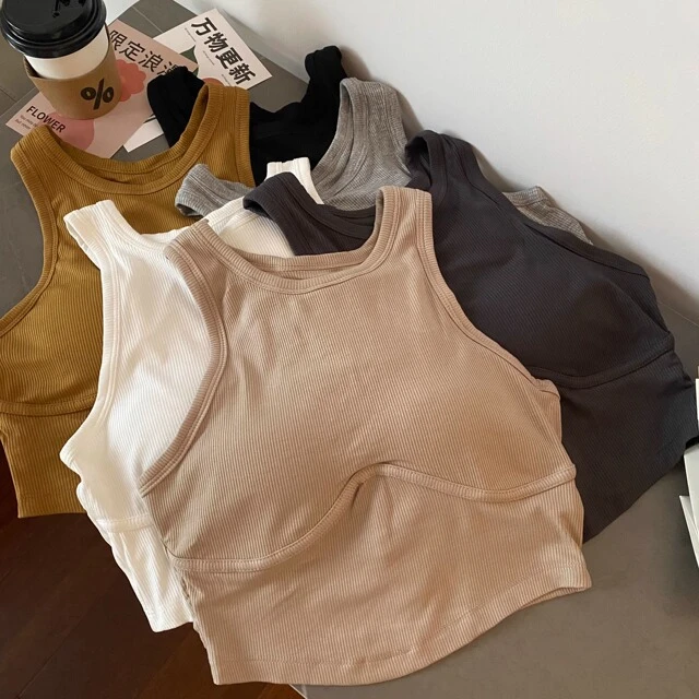 2023新款修身显瘦性感夏季短款上衣纯色美背带胸垫吊带背心女装
