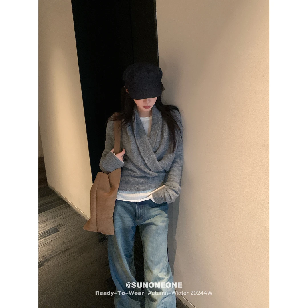 SUNONEONE 设计感围裹针织开衫女冬宽松复古法式羊毛毛衣女H0710Z