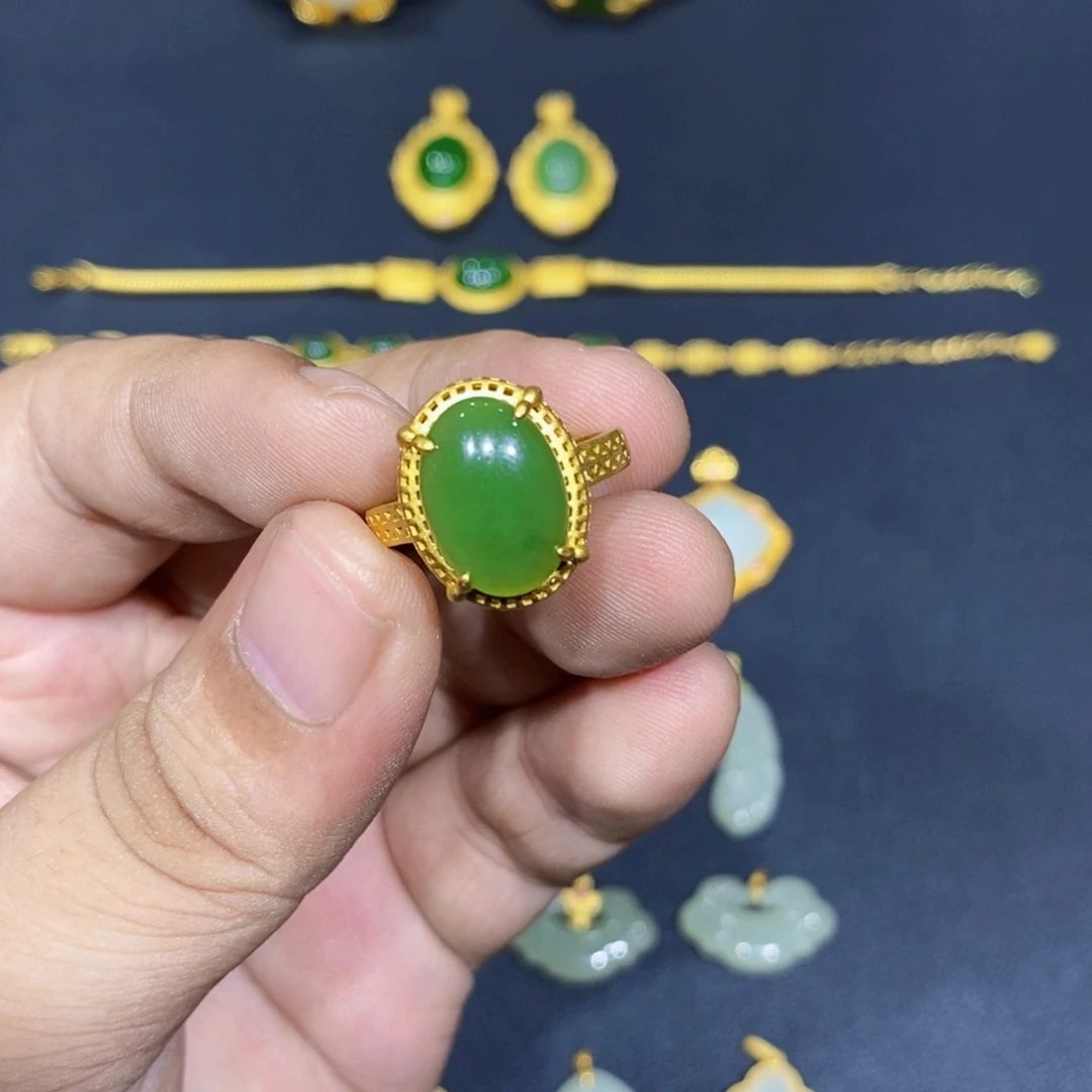 和田玉银S925镀金镶嵌戒指