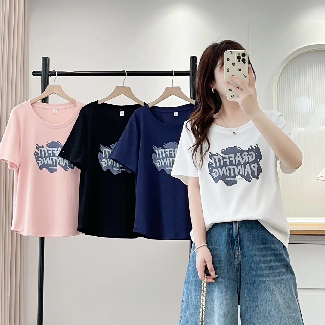 JIANAOBEN/简澳本大码洋气显瘦宽松时尚字母印花百搭圆领短袖T恤