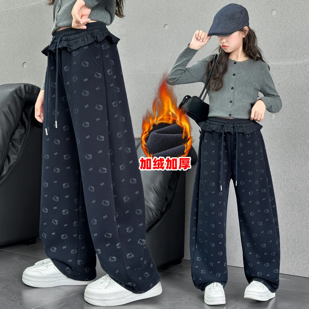 女童加绒裤子秋冬2025新款大童韩版洋气卫裤女孩初中生加厚休闲裤