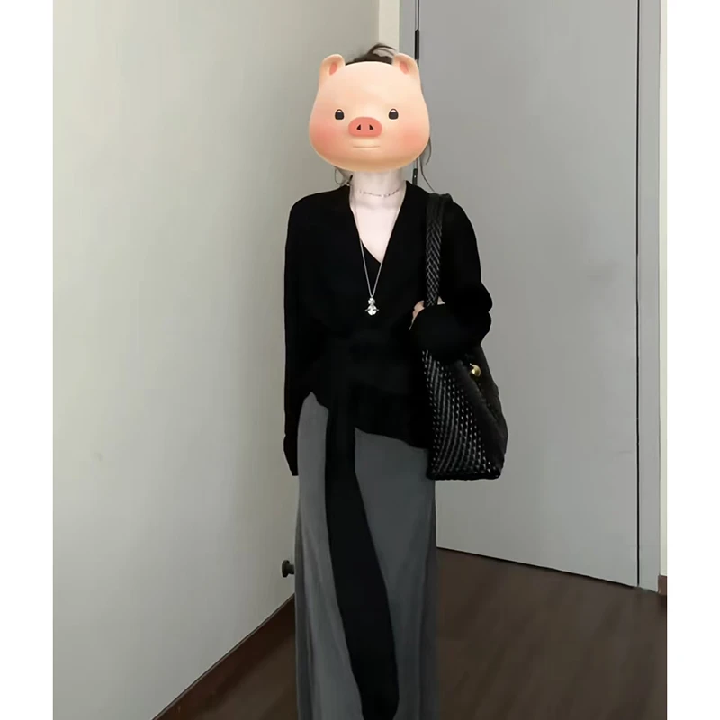 黑色V领不规则系带长袖上衣高腰长款直筒半身裙秋季气质辣妹套装