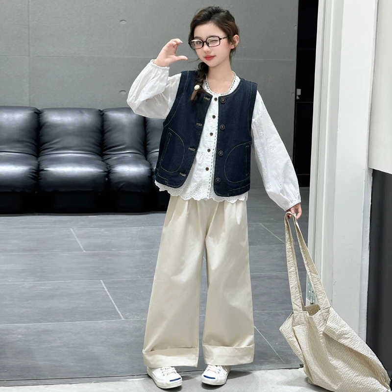 女童春装套装2025新款韩版洋气大儿童装提花衬衣马甲阔腿裤三件套