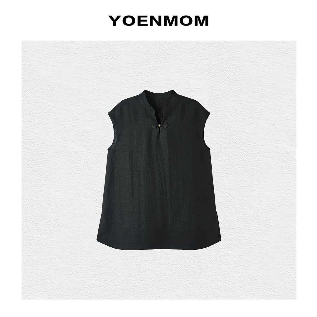 YOENMOM·风絮·100桑蚕丝电力纺龟裂纹香云纱盘扣小V领奥黛款上衣