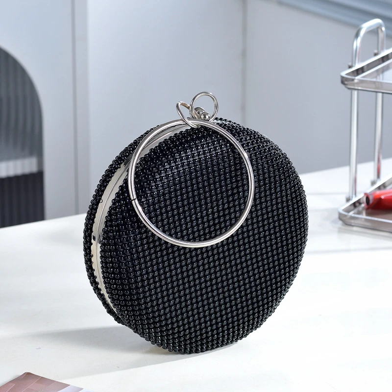 简约时尚圆形铝珠晚宴包名媛派对包圆环手提手拎晚装包纯色女包