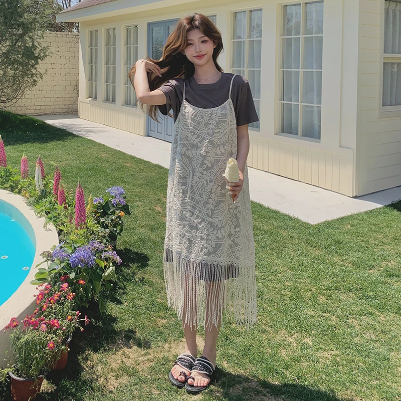 蕾丝刺绣印花流苏吊带罩衫裙灰色t恤裙新款小个子两件套连衣裙夏