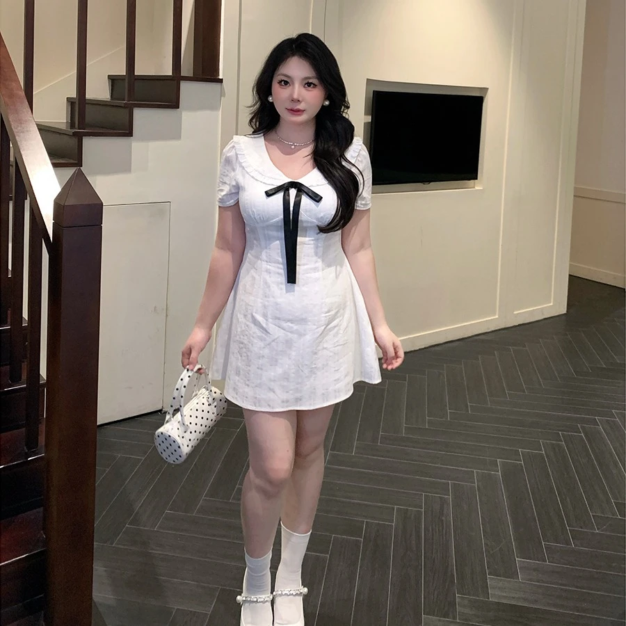 清仓大码女装法式蝴蝶结气质温柔白月光棉质夏季收腰显瘦连衣裙