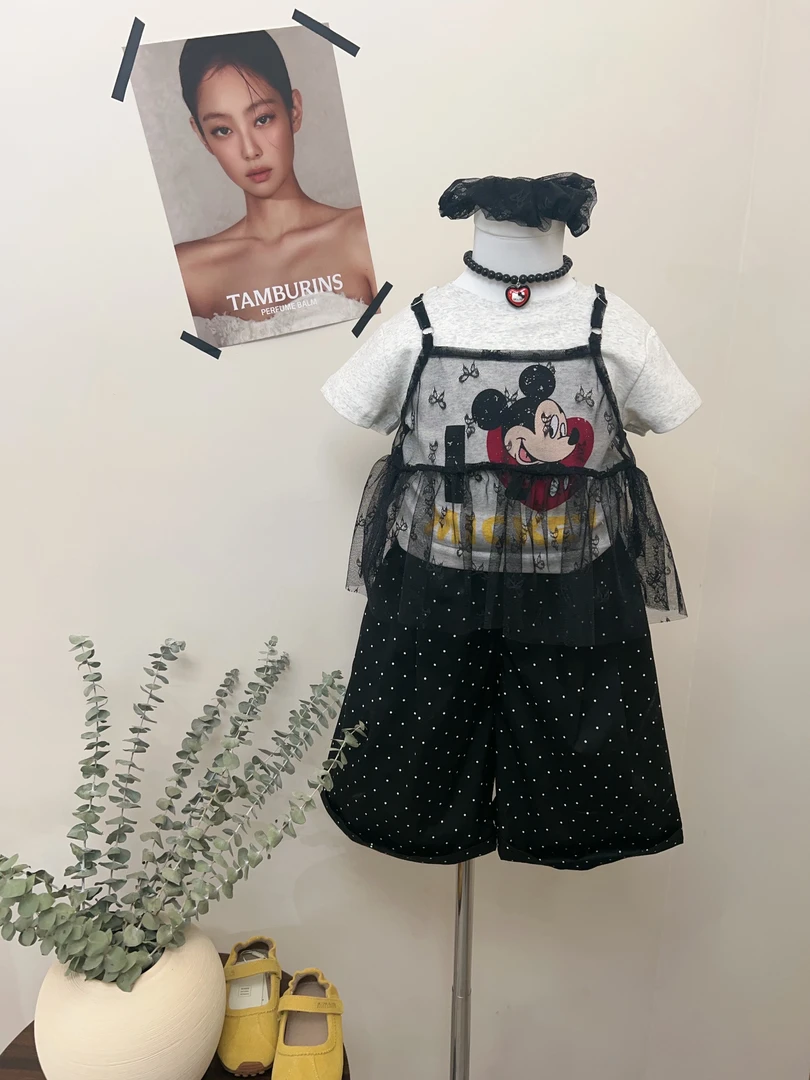 小言-2025夏季新款韩版女童卡通短袖蕾丝罩衫洋气波点八分裤套装