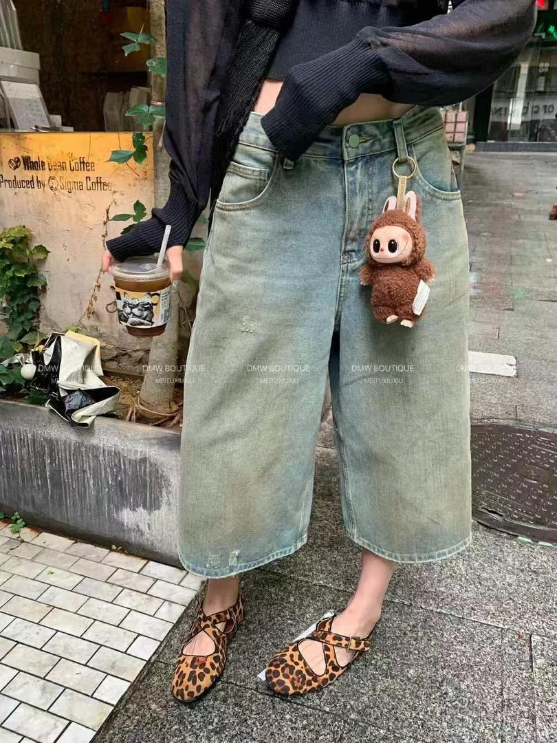 潮流高街宽松扎染辣妹中裤配公仔纯欲牛仔裤夏季女装禅意仙气飘飘