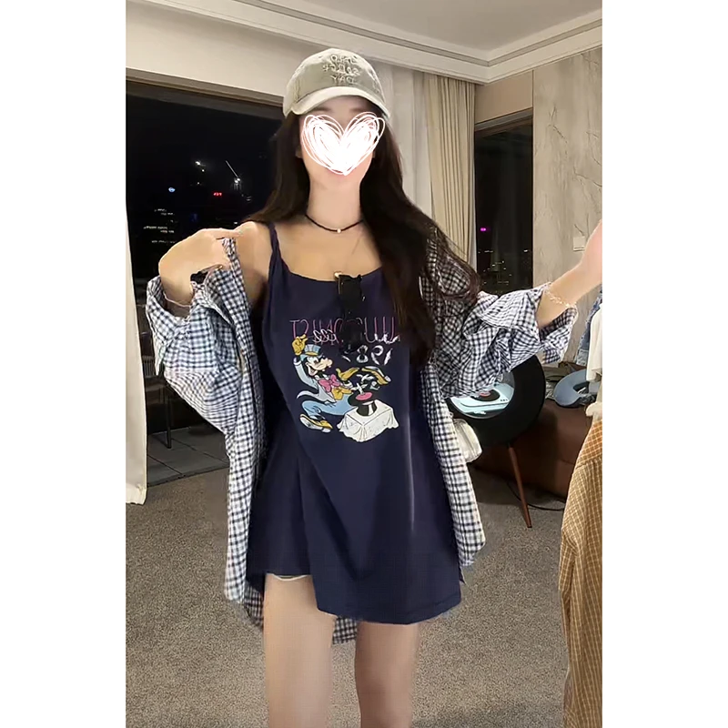 卡通印花吊带复古个性美式无袖时尚百搭上衣格子翻领衬衫