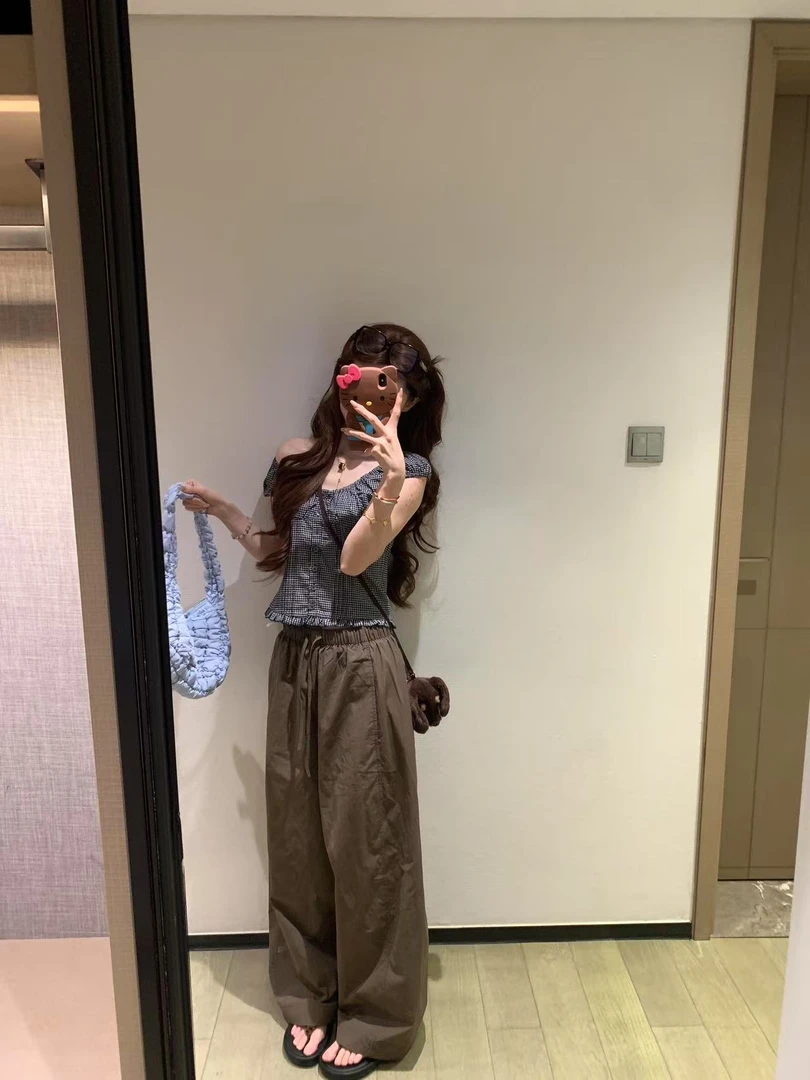 2025夏季新款韩系松弛感格子小衫上衣百搭阔腿裤两件套装显瘦气质