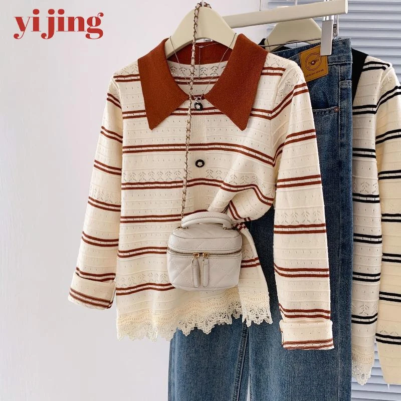 安可拉红polo领正肩条纹针织衫大码女装秋季胖mm洋气减龄蕾丝上衣