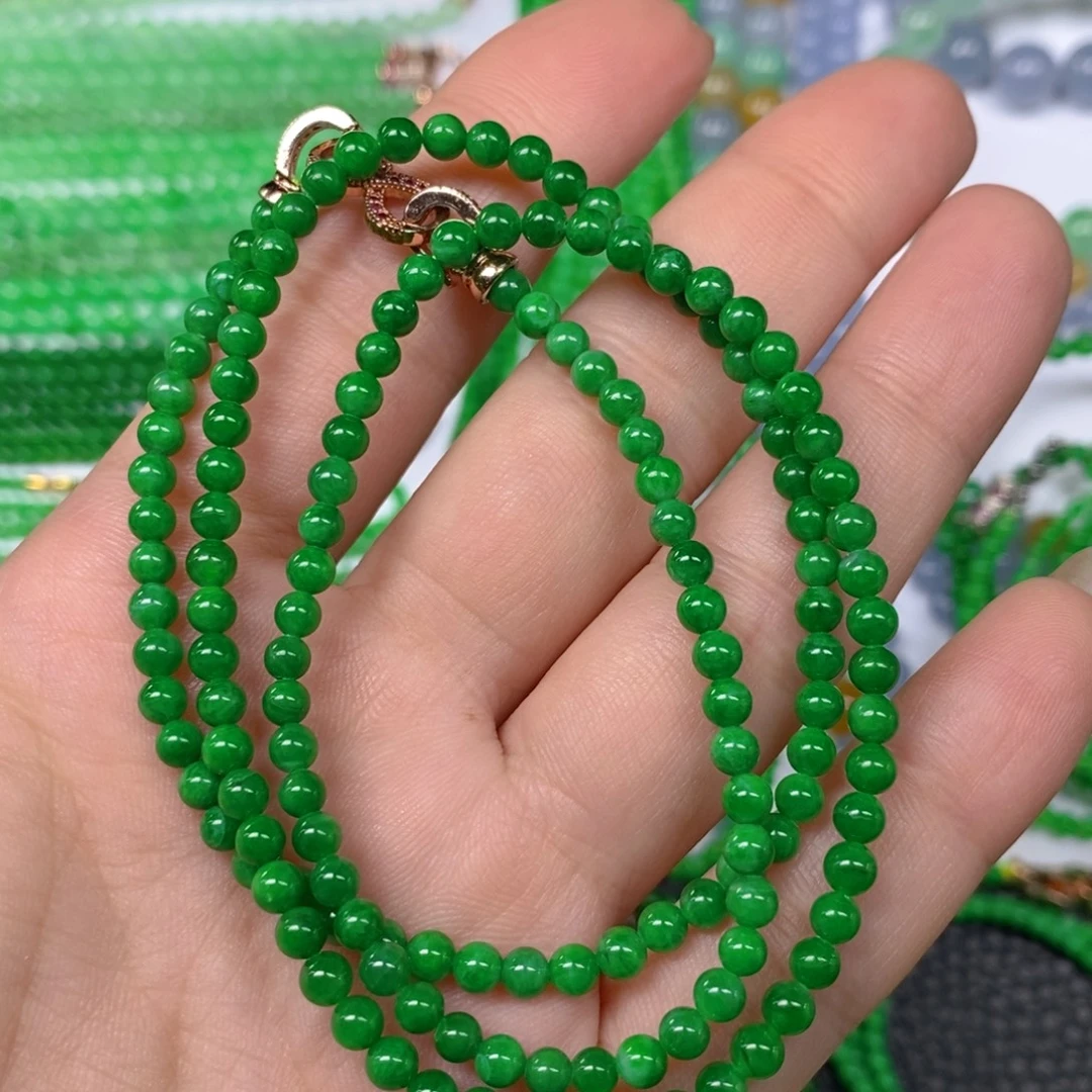 翡翠未镶嵌颈饰缅甸天然翡翠浓阳绿小米珠项链4