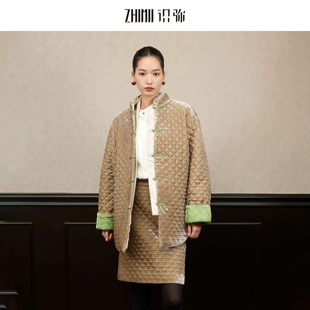 【ZHIMII】25春夏新中式如意纹丝绒拼接假两件3m柿柿如意翻袖棉服