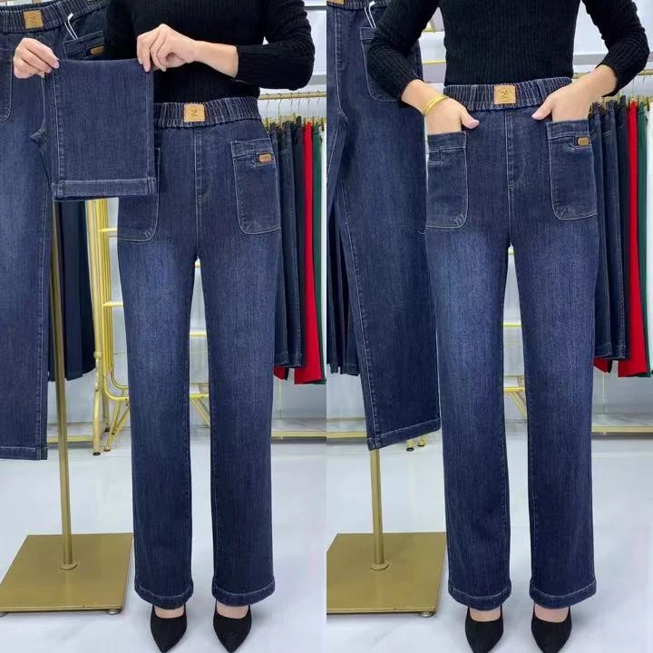 女士新款裤子水洗直筒牛仔裤高腰弹力休闲百搭宽松大码裤子2659