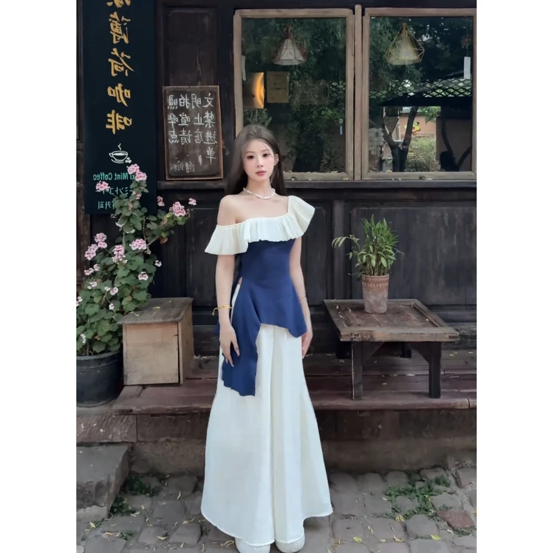 法式气质一字肩荷叶边蓝色短袖上衣夏季新款仙女休闲裤子两件套装