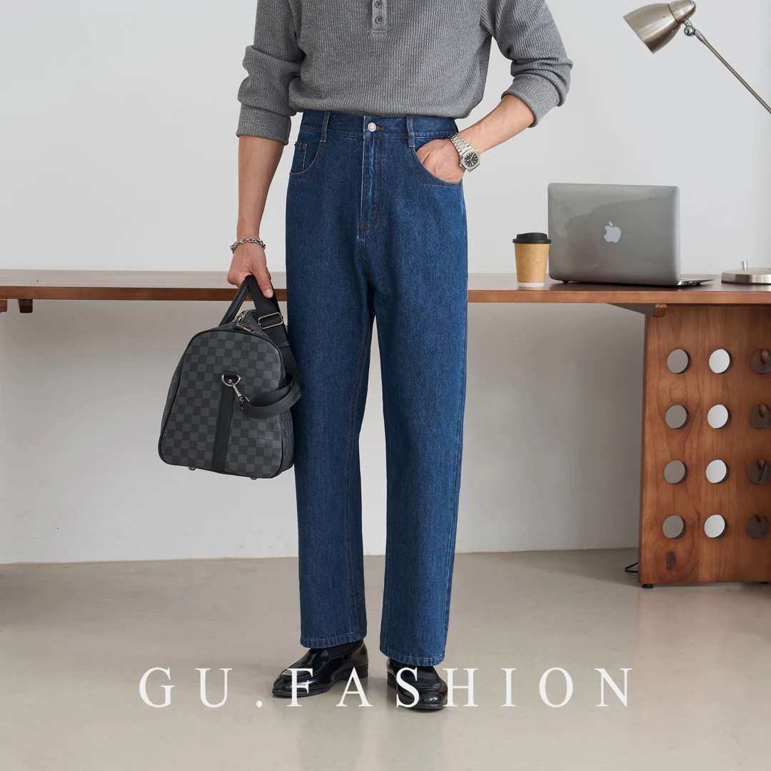 GU FASHION基础原色复古牛仔裤男士高腰直筒廓形小资百搭休闲长裤