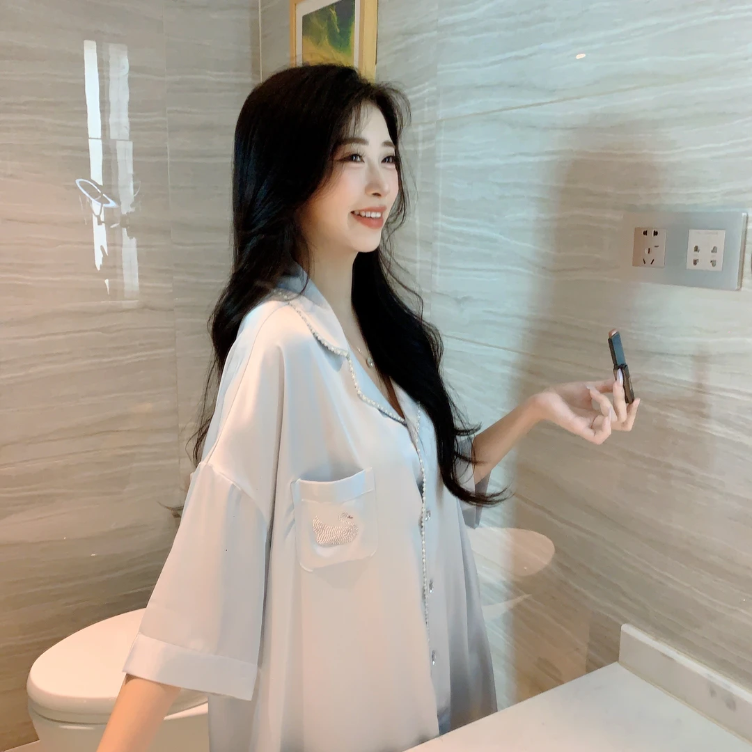 睡衣女款冰雪丝2025新款春夏季七分袖开衫裙子中长款睡裙可外穿