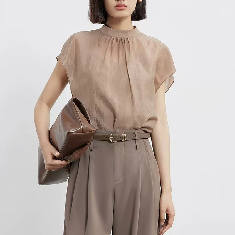 薄款透气衬衫2025夏新款洋气宽松百搭小飞袖上衣女配套长裤阔腿裤