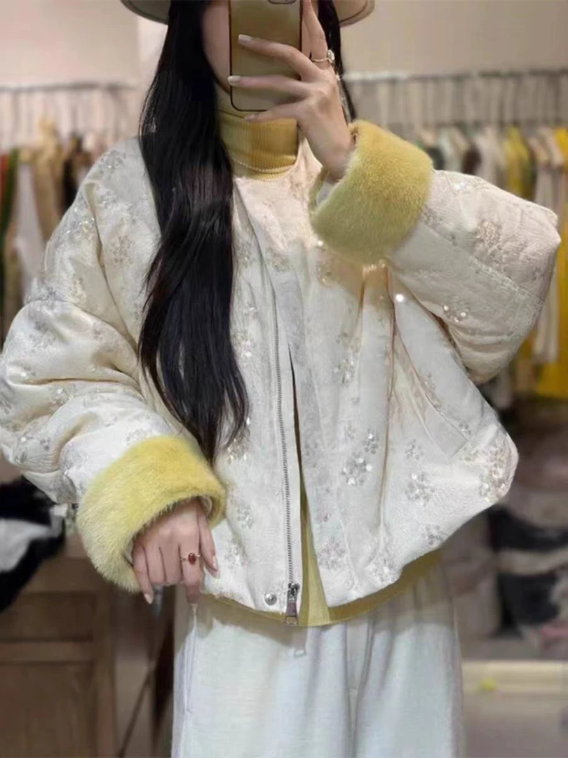 【锦衣服饰】QG 24719毛袖缎面亮片小香风羽绒服外套