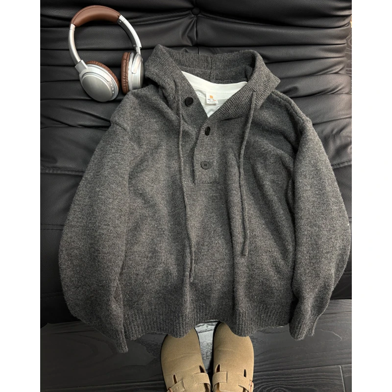 cleanfit慵懒风针织毛衣男款美式复古连帽外套设计感v领套头上衣