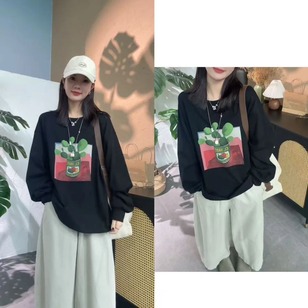 【SI MO】217秋季新款仙人掌无感印图休闲长袖卫衣T恤