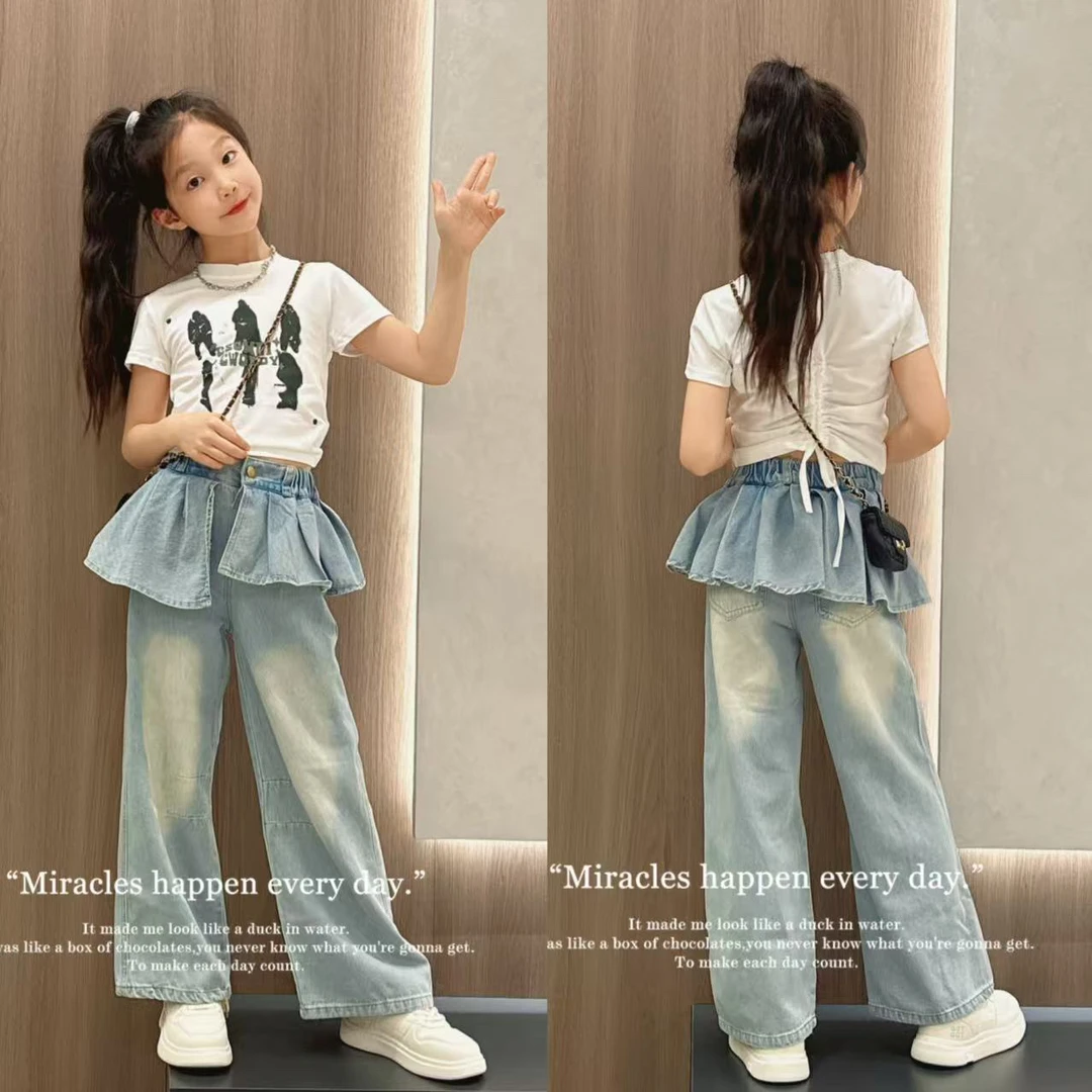女童韩版夏季2025儿童新款洋气休闲短袖上衣屁帘牛仔裤