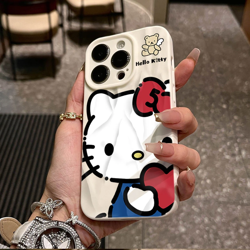 抱爱心凯蒂猫适用iphone16/15苹果14/褶皱手机壳17promax软情侣13